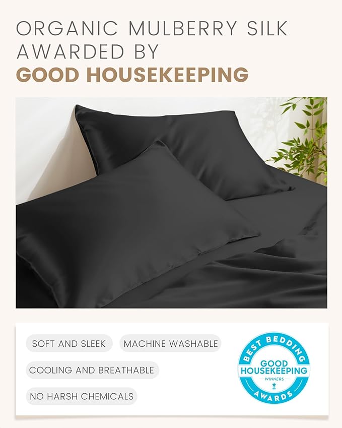THXSILK Set of 2 100% Mulberry Silk Pillowcase for Hair and Skin Health, Soft Breathable and Smooth Pillowcases with Hidden Zipper, Both Sides Premium 6A+ Silk, California King 20"x40", Black