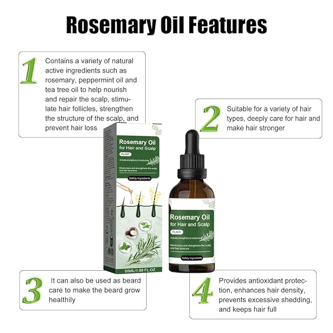 2 Pack Rosemary Oil for Hair and Scalp,Women Men Natural Rosemary Hairs Essential Oils for Nourishing Scalp,Promoting Hair Thickness,Strengthening and Improving Dry Damaged Hair,1.7 Fl oz