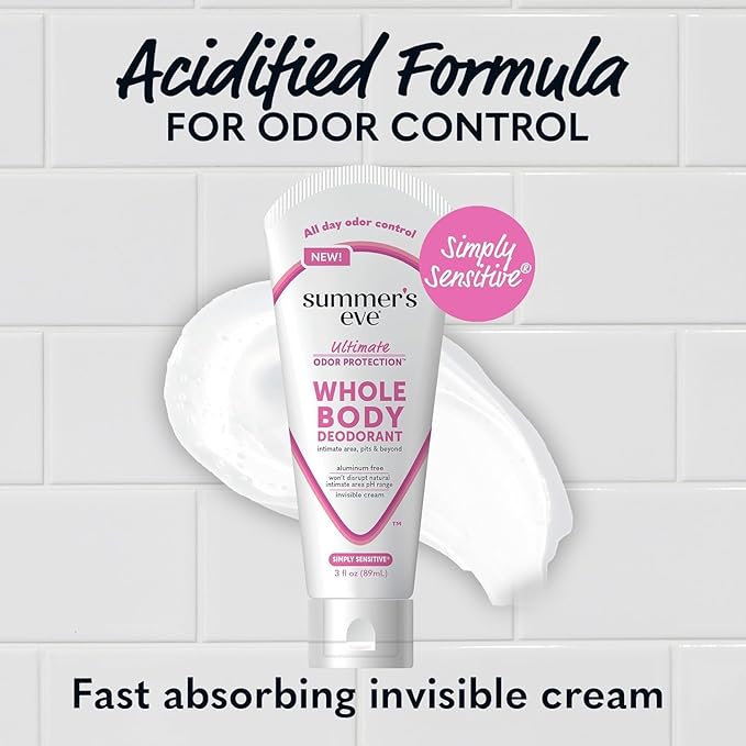Summer's Eve, Whole Body Deodorant for Women, Ultimate Odor Control, Aluminum Free Deodorant, 3 Fl Oz + Simply Sensitive Daily Refreshing Feminine Wipes, Removes Odor, pH Balanced, 12 Count