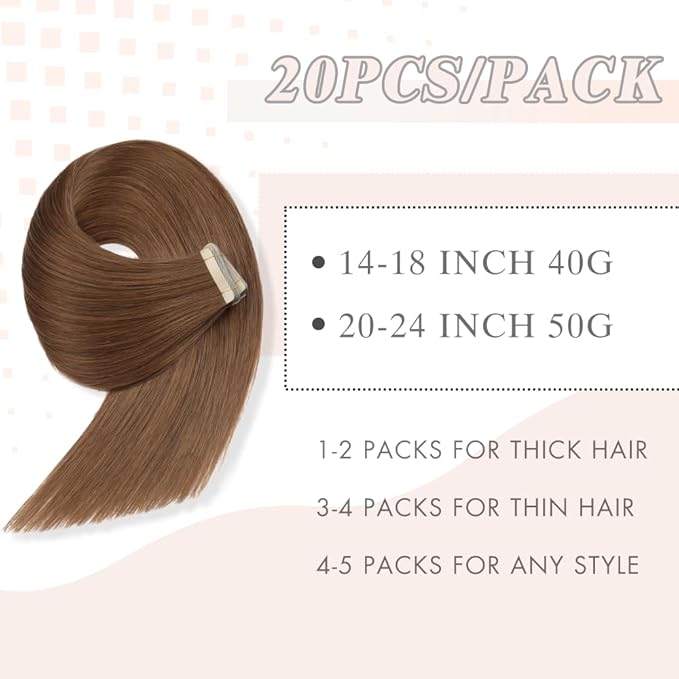 Human Hair Tape in Extensions for White Women 20pcs 22 Inches Hair Tape Ins Extensions Invisible Seamless Tape In Extensions Human Hair Skin Weft Medium Brown (6#)