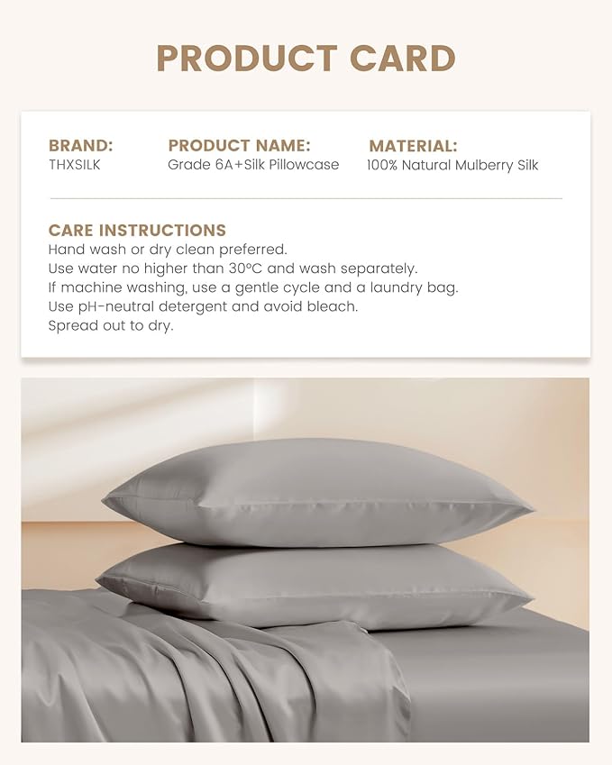 THXSILK 100% Natural Mulberry Silk Pillowcase for Hair and Skin, Grade 6A+ Pillowcase with Hidden Zipper, Soft Breathable Smooth Both Sided Silk Pillow Cover(Standard 20x26inch, Grey)