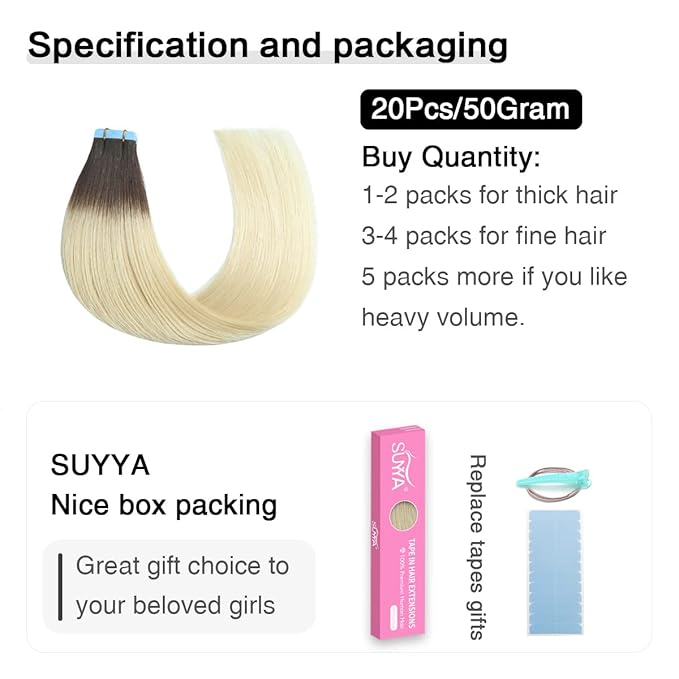 SUYYA Tape in Hair Extensions Human Hair Ombre Darkest Brown to Platinum Blonde 18 Inch 50g/pack 20pcs Straight Seamless Skin Weft Tape in Real Human Hair Extensions(18inch #T2/60)