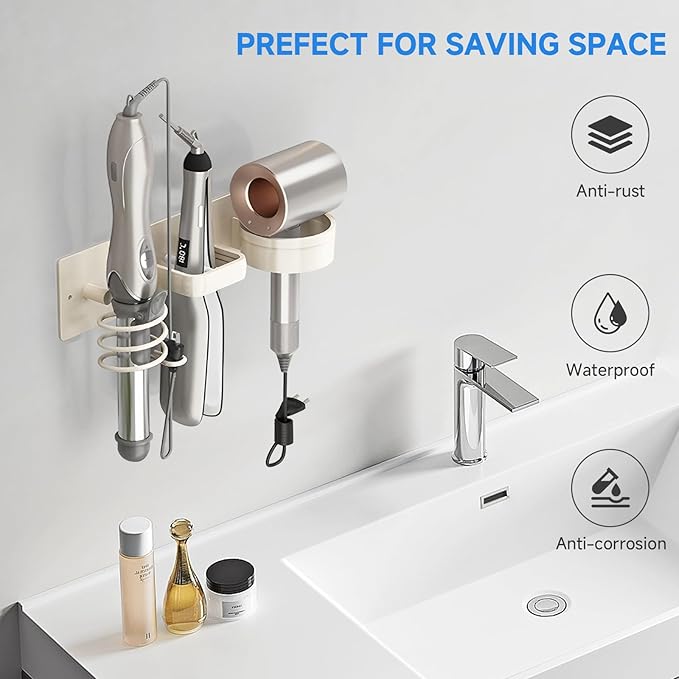 Hair Dryer Holder Wall Mounted,Blow Dryer, Curling Iron, Straightener Holder 3 in 1 Bathroom Metal Hair Tool Organizer Rack-White-1