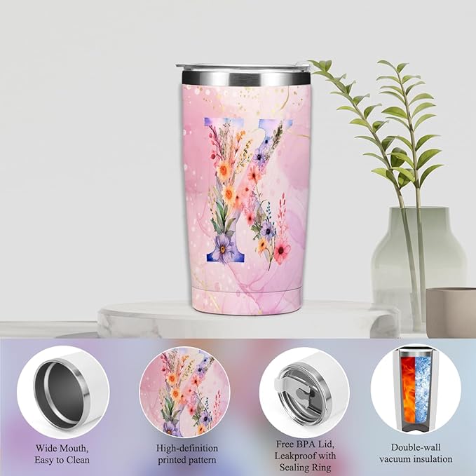 Personalized Gifts Monogrammed Birthday Gifts for Women, Soul Sister Bachelorette Party Wedding Christmas Initial 20 oz Tumbler, Makeup Bag Cup Pens Journal Notebook 6 Set, (Aesthetic Pink Flower K)