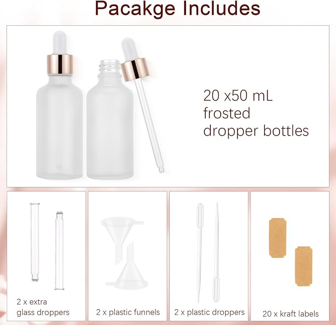 20 Pack 50ml Frosted Glass Dropper Bottles for Essential Oils, 1.7oz Eye Dropper Bottles with Rose Golden Caps for Travel, Large Empty Glass Tincture Vials with Droppers, Funnels & 20 Labels