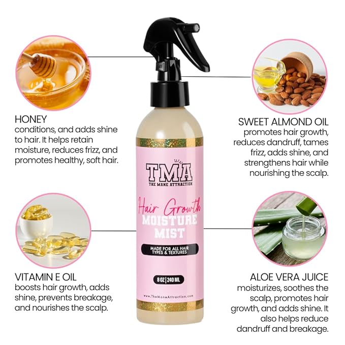 The Mane Attraction’s Nourishing Daily Hair Growth Moisture Mist for ALL Hair Types, Lightweight Moisturizer for Thicker, Longer Hair. Infused with Aloe Vera Juice, Sweet Almond Oil, and Honey. 8oz