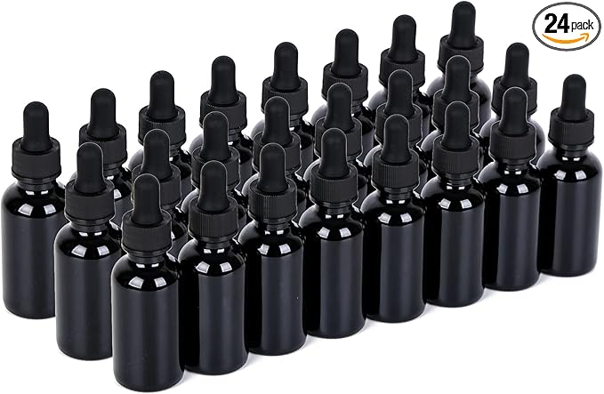 1 oz UV Resistant Dropper Bottle 24 Pack Black Glass Boston Bottles 30ml with Eye Droppers Black Caps for Essential Oils, Perfume, Leak Proof Travel Bottles for Liquids