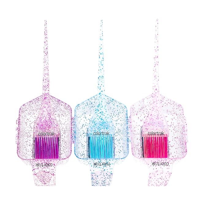 Colortrak 3 Pack Mini Glitter Trio Brush & Bowl Set, Small Brushes with Colorful Feather Bristles, Stackable Color Bowls with Non-Slip Rubber Rings, Easy Handling, 3 Sets Total
