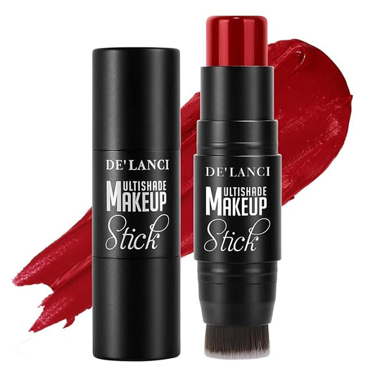 Matte Blush Stick with Built in Brush for Cheeks Summer,Ultra Pigmented Color Pop Makeup Dark Red Blush for Cheeks/Lip/Eyes,DE’LANCI Makeup Gifts for Women/Girl,Travel Size Cute Blush,Cruelty-Free #5