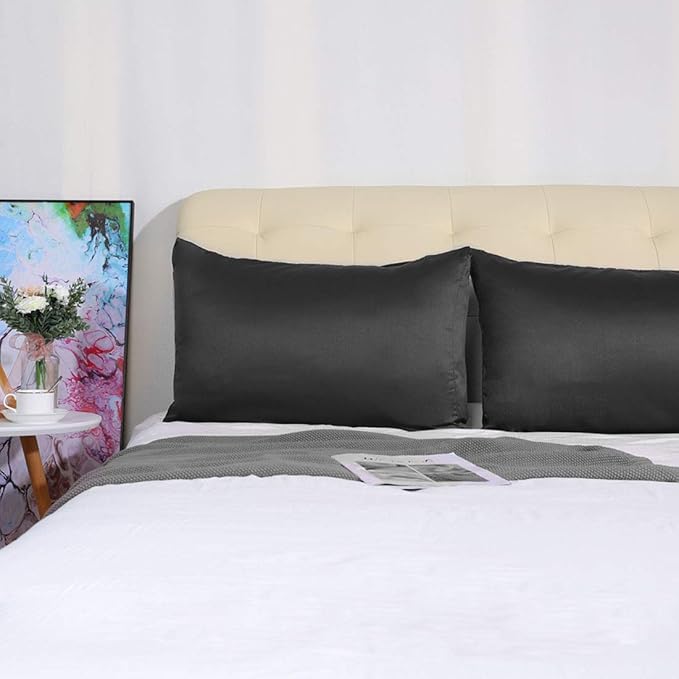 uxcell 2 Pack Silk Satin Pillowcase for Hair and Skin, Cool, Silky, Soft Breathable Pillow Cases Standard Size 20x26 Inch Sateen Pillowcase Black with Envelope Closure