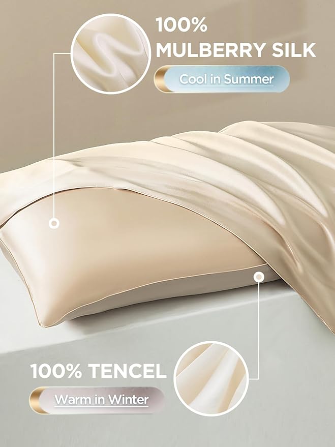 Mulberry Silk Pillowcase for Hair and Skin, SGMSILK 22 Momme Natural Silk Pillow Cases with Zipper, 6A Soft and Smooth Single Sided Pure Silk Pillow Cover (Champagne, Queen 20"x30")