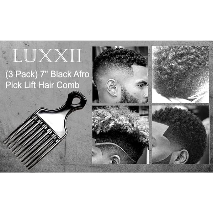 (3 Pack) 7" Black Afro Pick Lift Hair Comb Detangle Wig Braid Hair Man Styling Comb (Black)