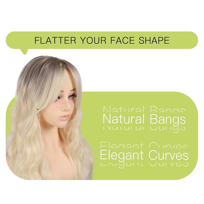 Long Wavy Ombre Blonde Wig with Curtain Bangs for Women 26 Inch Synthetic Wig Natural Looking Heat Resistant Fiber Hair Wig for Daily Party Halloween Cosplay Use