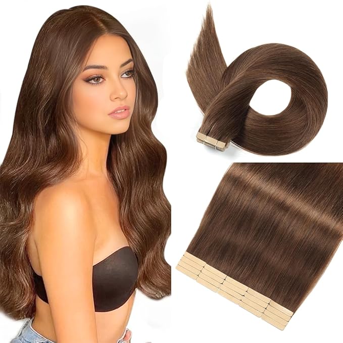 Tape in Hair Extensions Human Hair,14 Inch Human Hair Tape in Extensions 20Pcs Chocolate Brown Tape Ins Human Hair Extensions for Women Seamless Tape in Hair Extensions Real Human Hair