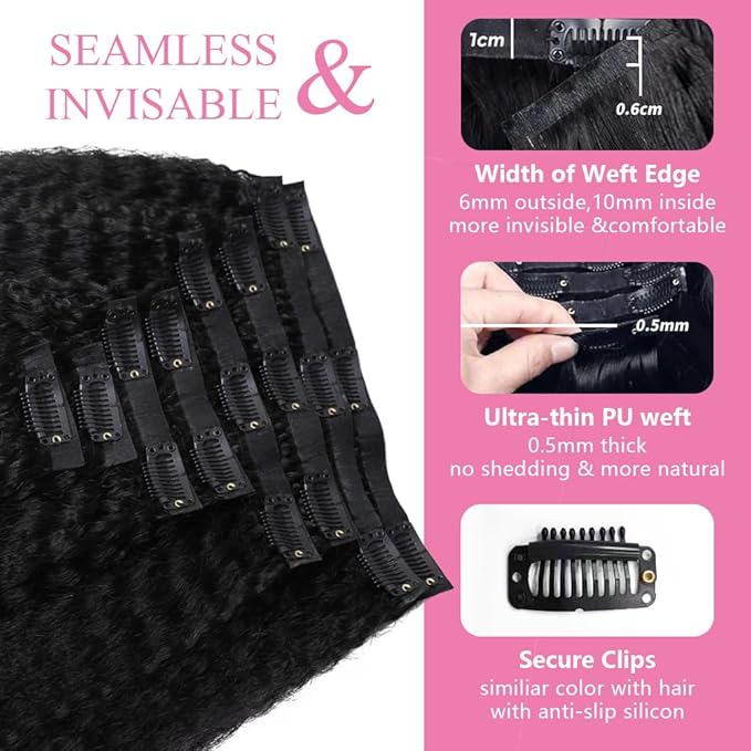 Seamless Clip In Hair Extensions Human Hair Kinky Straight 14inch 120g 8pcs Seamless Clip Ins For Black Women Real Human Hair Extensions Full Head kinky clip ins Invisible Pu Skin Weft Natural Black