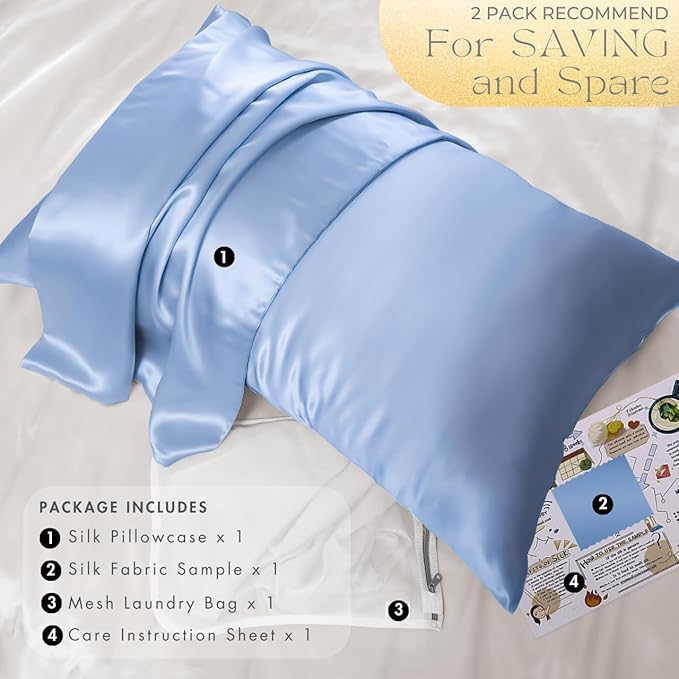 PROMEED Real 23 Momme 100% Silk Pillowcase for Hair and Skin, Both Sides Cooling Premium Grade 6A+ Mulberry Silk Pillow Case with Zipper, 1pc (King 20"x36", Light Blue)