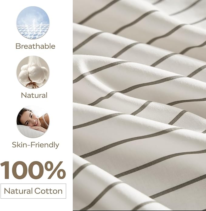JELLYMONI 100% Natural Cotton Striped King Pillowcases Set, 2 Pack White with Thin Gray Vertical Stripes Pattern Printed Pillow Covers with Envelope Closure (Pillows are not Included)