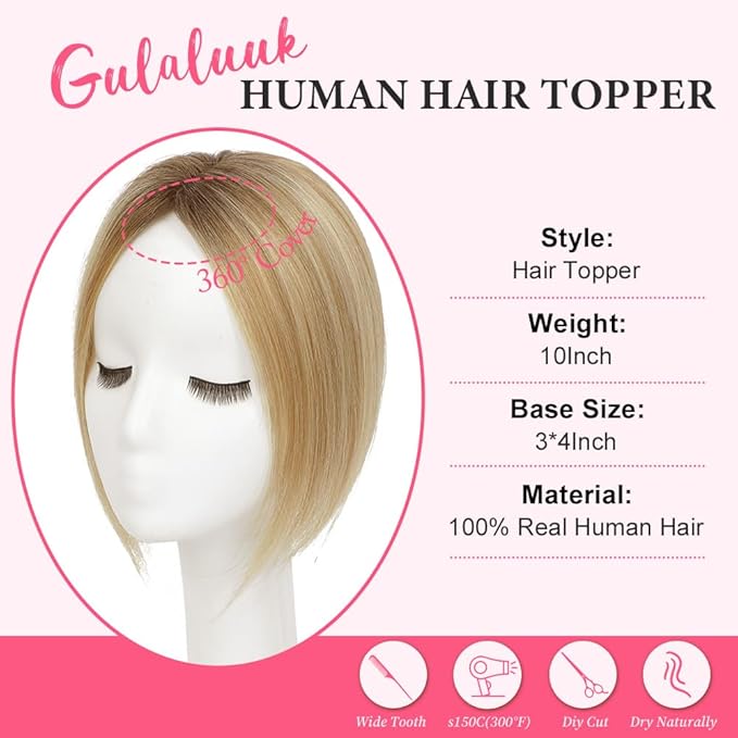 Hair Toppers for Women Real Human Hair Topper for Women with No Bangs Hairpieces Comfortable and Breathable 10 Inch Swiss Base 3D 360°Cover (Medium Brown to Creamy lced Blond, 10 Inch-3D-Side)
