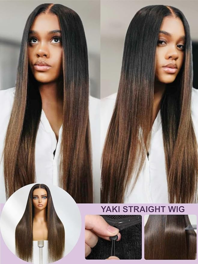 YIROO Bye Bye Knots Chestnut Brown Ombre Light Yaki Straight Wig Human Hair,7x5 Lace Front Glueless Wig with Drawstring,Pre Cut Pre Plucked Pre Bleached Knots Natural Hairline Wig for Women 26Inch