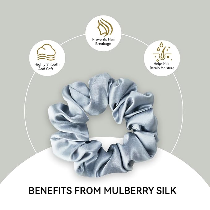 22 Momme 100% Mulberry Silk Scrunchies (2 Pack, Black), Well-Hold Elastic for No-Damage, 6A, Soft Hair Ties, Reduces Frizz & Breakage, OEKO-TEX Certified