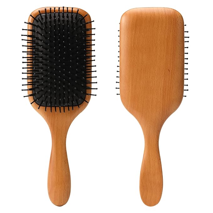 olelo Hair Brush Natural Wooden Paddle Brush, Brushes for Men & Women, Wood Hairbrush for Thick or Curly Hair, Black & Wood Square Hair Brush, Beech Massage Scalp Brush