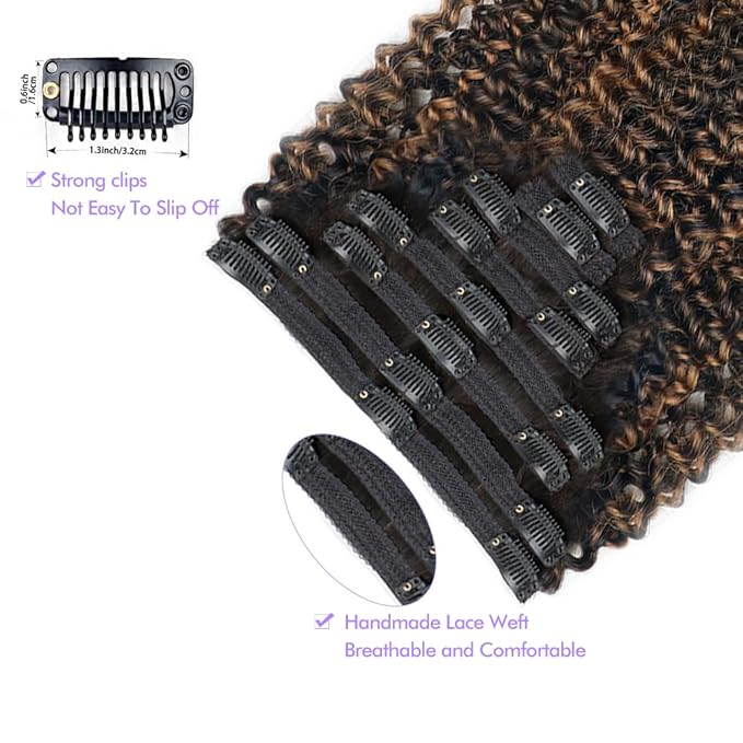 FB30 Highlight Ombre Curly Clip In Extension Human Hair 3C 4A Kinky Curly Clip Ins Full Head for Black Women Brazilian Remy Human Hair Balayage Brown 8Pcs with18clips 120g/Set (14 inch)