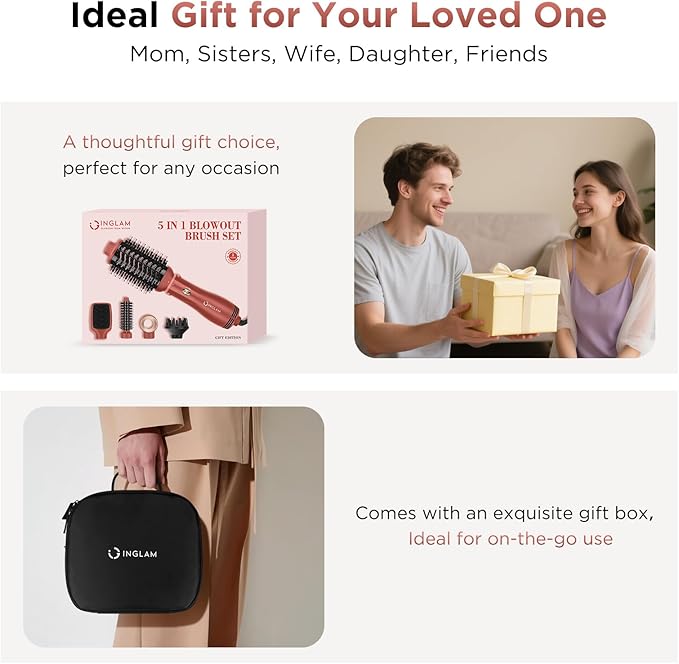 IG INGLAM Blow Dryer Brush Set, 5-in-1 Multi-Styler for Drying, Salon Blowouts, Smooth Curls, Sleek Styles, Ionic Hot Air Brush with Soft Tufts & Nylon Bristles for Frizz-Free Hair, Strawberry Bronze