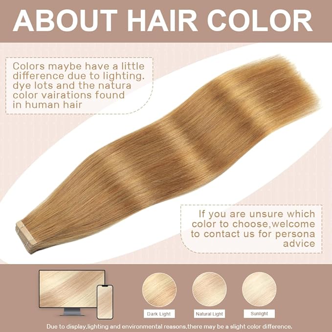 Caramel Blonde Tape in Hair Extensions Real Human Hair 24 Inch Tape for Skin Weft Hair Extension Invisible Tape in Hair Extensions Straight Remy Human Hair for Women 20pcs