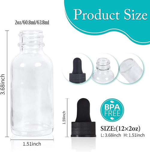 2 oz Dropper Bottle 12 Pack Clear Glass Boston Bottles 60ml with Eye Droppers Black Caps for Essential Oils, Perfume, Leak Proof Travel Bottles for Liquids