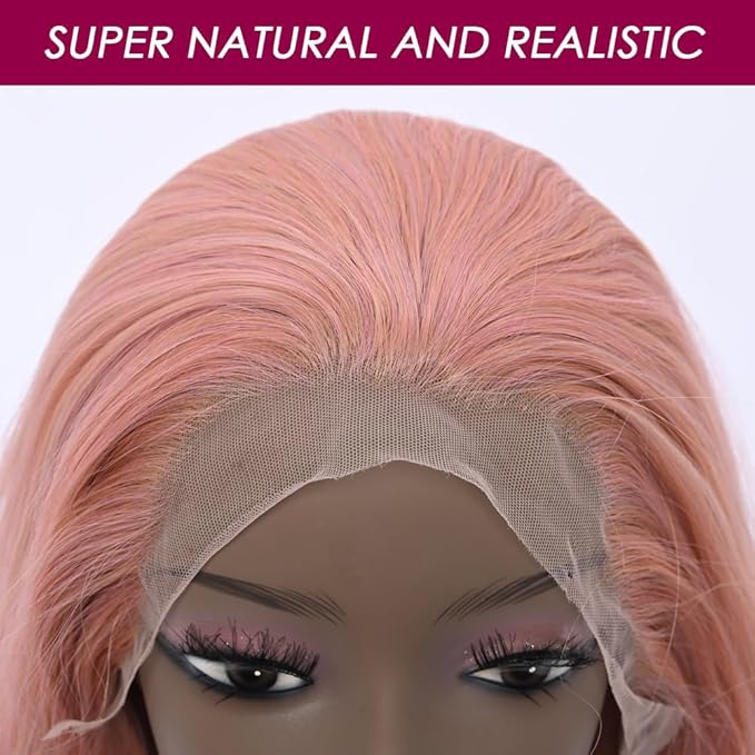Long Rose Golden Synthetic Lace Front Wig Heat Resistant Body Wave Lace Front Wavy Wigs Free Part Natural Hair Wig for Women 24 Inch Fashion Glueless (24 Inch)