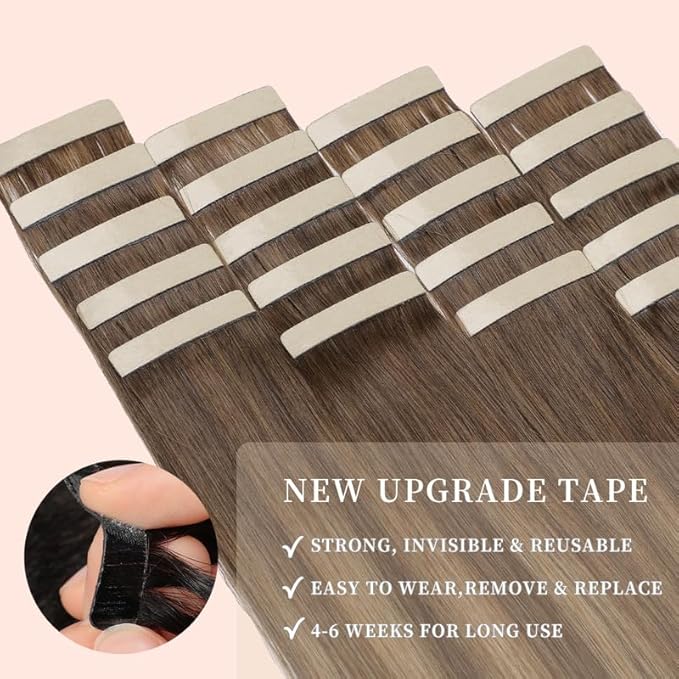 Tape in Hair Extensions, 20pcs 16 Inch Chocolate Brown Mixed Honey Blonde Straight Human Hair Extensions Tape in Seamless Skin Weft Remy (4/4/27#, 16 Inch)
