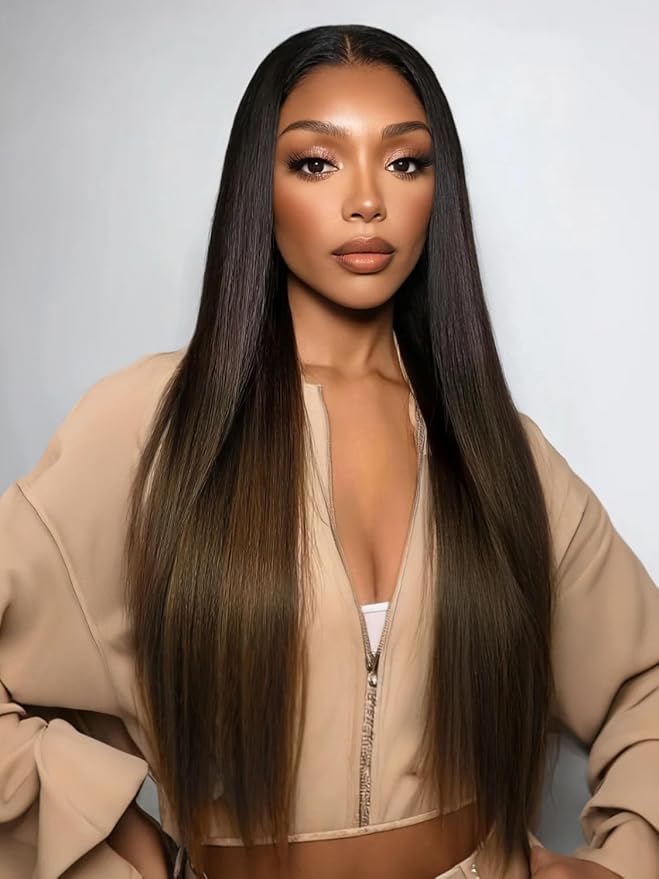 YIROO V Part Wig Human Hair No Leave Out Ombre Chestnut Brown Yaki Straight Glueless Human Hair Wig Upgrade U Part Wigs for Women V Shape Clip in Half Wig No Glue No Sew in Beginner Wig 26inch