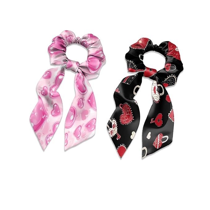 Pink Heart Bow Ribbon Scrunchies Black Hair Ties No Damage Thick Hair for Valentine's Day Satin Hair Scrunchies Pack of 2 Ponytail Holder Scraf Scrunchy