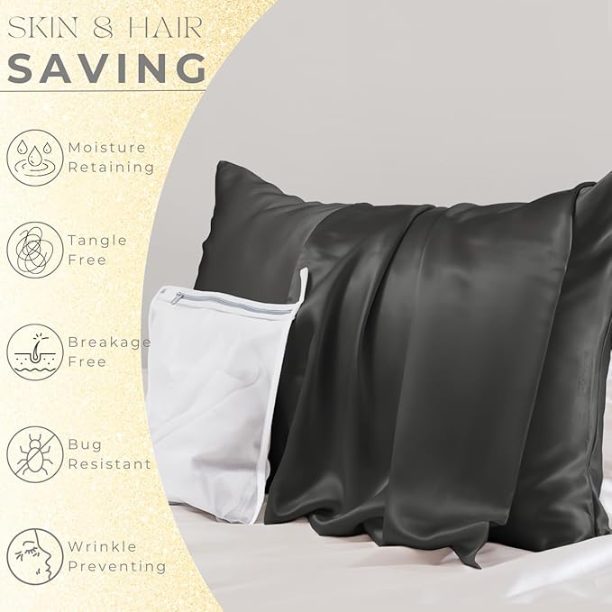 PROMEED Upgraded Grade 6A+ Black Silk Pillowcase with Zipper, 23 Momme Natural Mulberry Silk Pillow Cases for Hair and Skin - Easy Care with Free Laundry Bag (Standard 20"x26", Black)