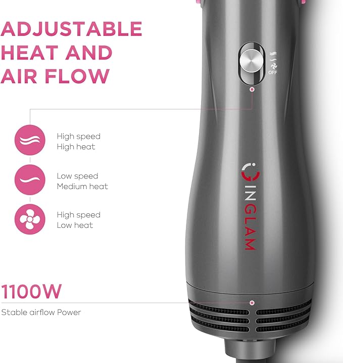IG INGLAM 4 in 1 Hot Air Brush, Negative Ion Detachable Hair Styler & Volumizer with 2 Brush Heads, Updated Push Switch, Gray