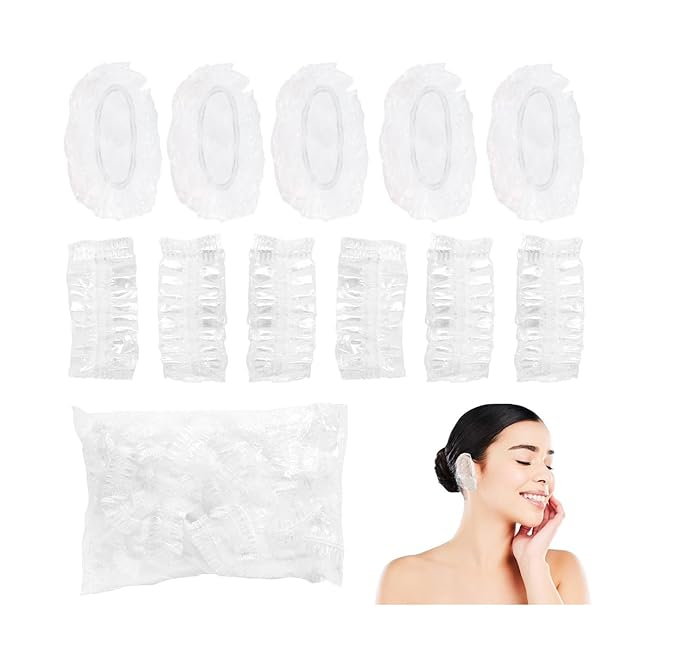 100 PCS Disposable Ear Covers for Shower, Clear Plastic Ear Shower Caps, Waterproof Ear Protectors for Hair Dye