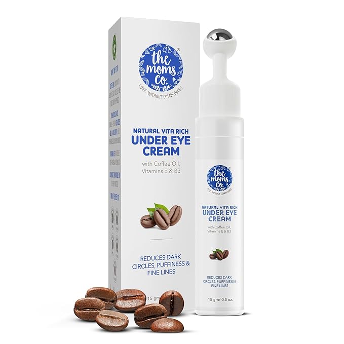 The Moms Co. Natural Vita Rich Under Eye Cream for Dark Circles and Puffiness for Women, Suitable for Delicate Skin Under Eye Area, Soothing Massage Roller with Coffee Oil, Vitamins E & B3, 15 gm