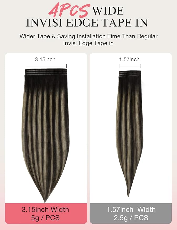 DOORES Invisi Edge Tape in Wide Hair Extensions Human Hair, Natural Black to Light Blonde 4PCS Injection Tape ins 20g 20 Inch, Virgin Human 3 Inch Wide Injected Extensions Invisible