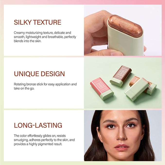 UNYOKE Soft Creamy Highlighter Blush Stick,Smooth Shimmer Bronzer Stick,Long Lasting Waterproof Blush Illuminator Luminizer,Blendable Natural Glow Makeup Cream Blush Highlight 0.6 Oz（02# Soft Glow）