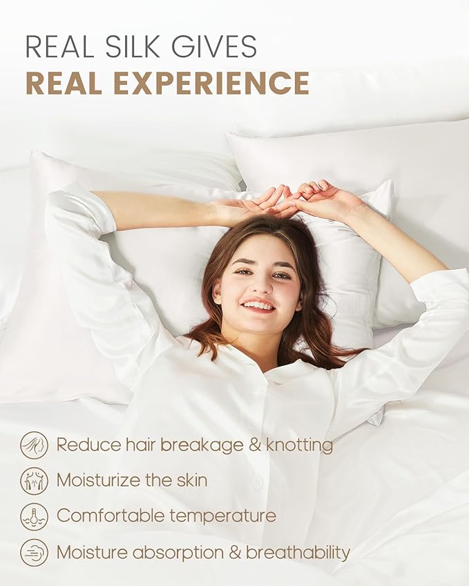 THXSILK 100% Mulberry Silk Pillowcase for Hair and Skin, Grade 6A+ Mulberry Silk Pillow Case with Hidden Zipper, Ultra-Soft Smooth Silk White Pillowcase(1pc, California King Size 20"x40")