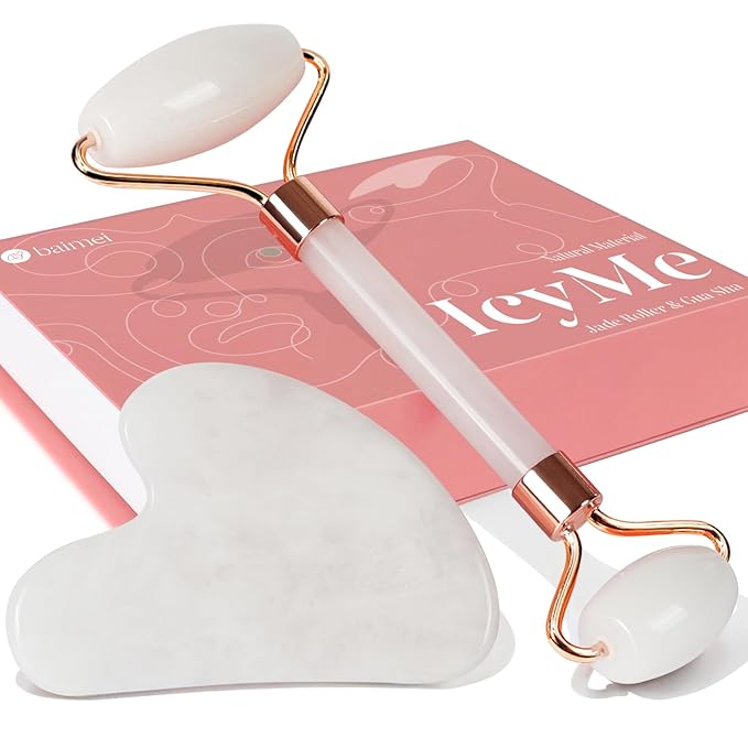 BAIMEI Jade Roller & Gua Sha Set Face Roller and Gua Sha Facial Tools for Skin Care Routine and Puffiness, Self Care Gift for Men Women - White
