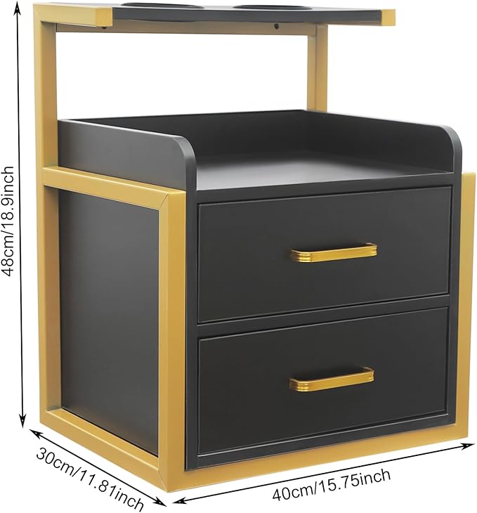 Suspended Salon Station for Hair Stylist, Wall Mounted Styling Salon Station Storage Cabinet w/2*Drawers &Hair Dryer Stand,Floating Nightstand Stylist Storage Cabinet for Home (Gold+Black)