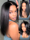 YIROO Yaki Straight Bob Human Hair Drawstring Wigs Pre Cut 7x5 HD Lace Front Wig Bye Bye Knots Glueless Yaki Short Bob Human Hair Wigs Pre Plucked Invisible Knots 150% Density Ready to Go 10Inch