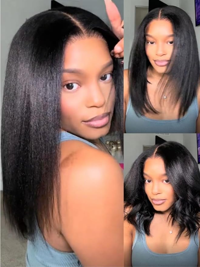 YIROO Yaki Straight Bob Human Hair Drawstring Wigs Pre Cut 7x5 HD Lace Front Wig Bye Bye Knots Glueless Yaki Short Bob Human Hair Wigs Pre Plucked Invisible Knots 150% Density Ready to Go 14Inch