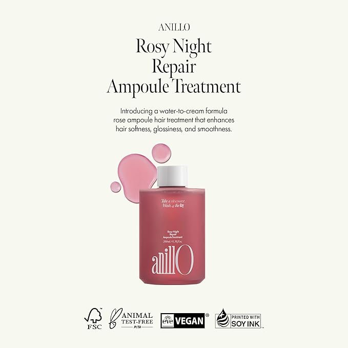 Rosy Night Hair Ampoule Treatment for Damaged Hair – Water-to-Cream Repair Formula with Peptides & Amino Acids – Frizz Control, Color Safe, Silicone-Free, Floral Musk Scent – 6.76 fl oz