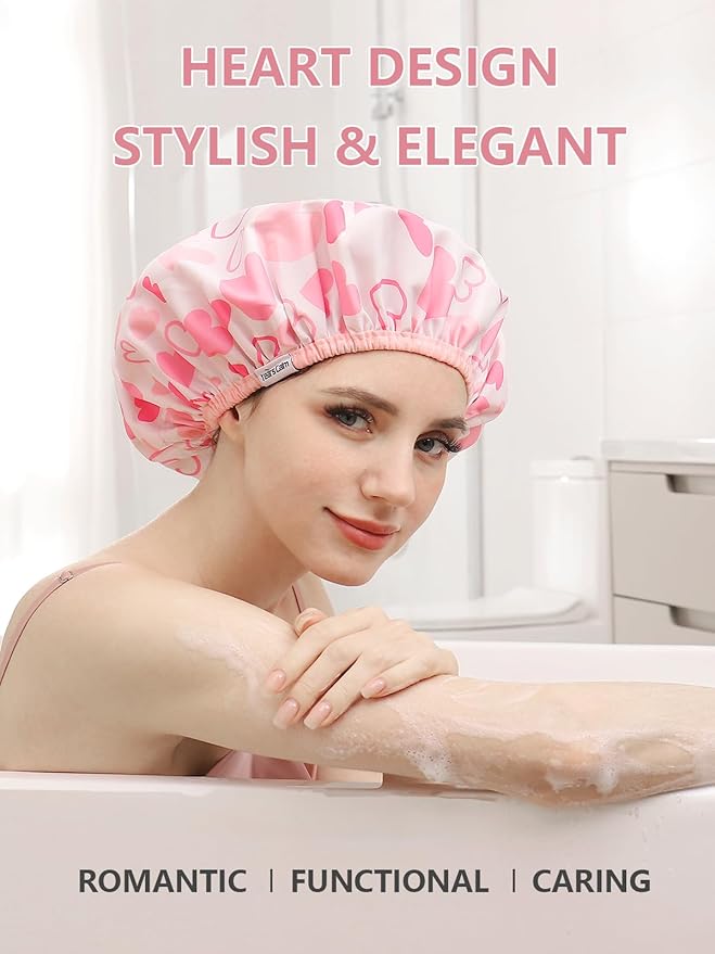 Years Calm Shower Caps For Women Reusable Waterproof，Pattern And Solid Color Dual-Layer Design For Dual-Layer Usable，Protects Hair In Shower, Spa, Cooking, Clean & Travel (Pink, One Size)