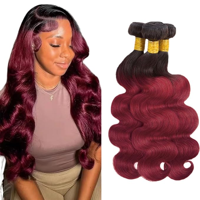 30 32 34 Inch Ombre Bundles Human Hair Burgundy Body Wave Bundles Niegmeag Double Weft 2 Tone Black and Red Body Wave Bundle 1B99J Color 150g