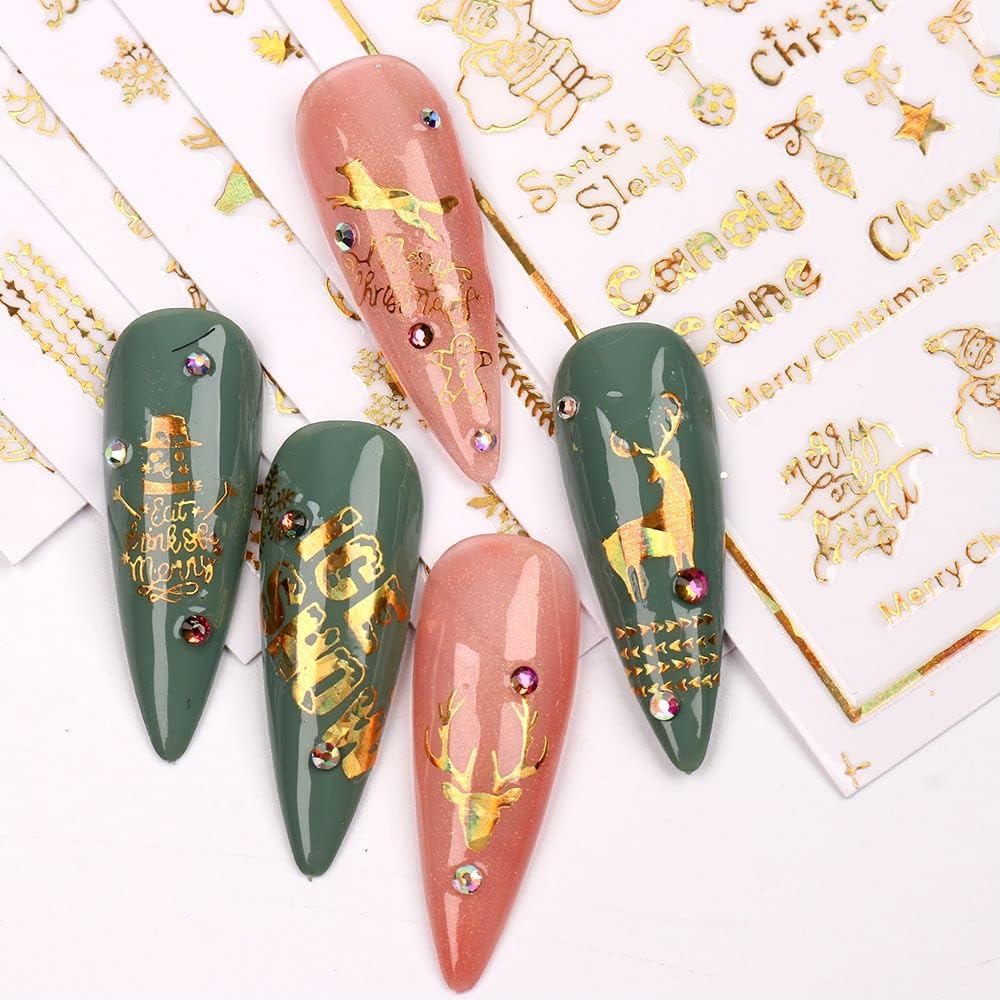 9 Sheets Christmas Nail Art Stickers Decals Self-Adhesive Pegatinas Uñas Holiday Glod Laser Snowflakes Snowman Nail Supplies Nail Art Design Decoration Accessories