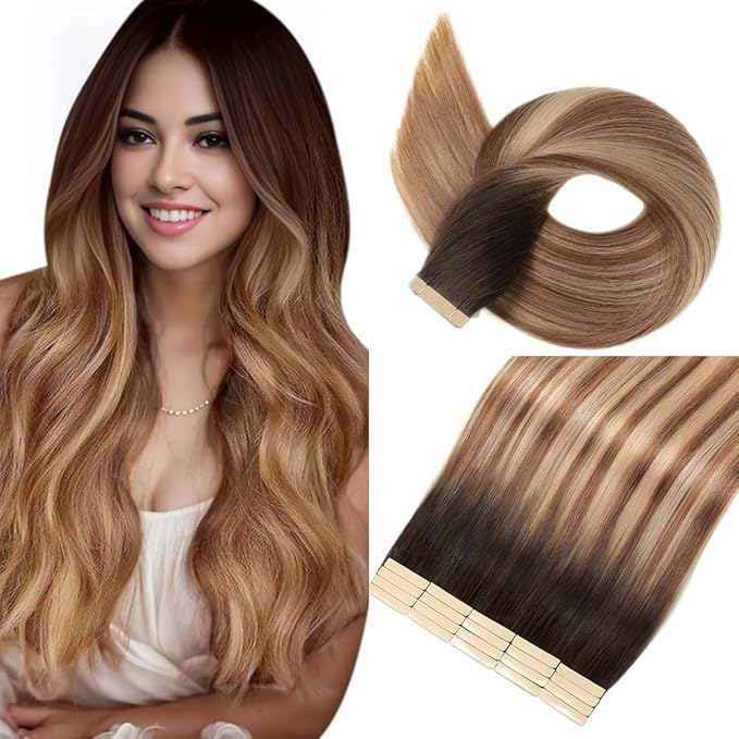 Tape in Hair Extensions Human Hair Chestnut Brown to Mixed Dirty Blonde 22 Inch 20Pcs Tape Ins for Women Straight Invisible Seamless Remy