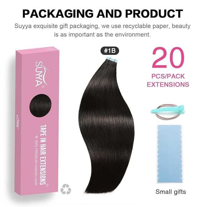 SUYYA Tape in Hair Extensions Human Hair 100% Remy Human Hair Natural Black 50g/pack 20pcs Straight Seamless Skin Weft Tape Hair Extensions(24 inches #1B Off Black)